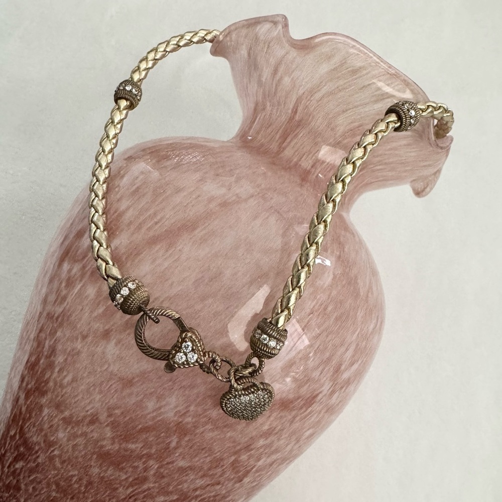 Judith Ripka Verona Faux Leather Braided Heart Charm Rhinestone Necklace